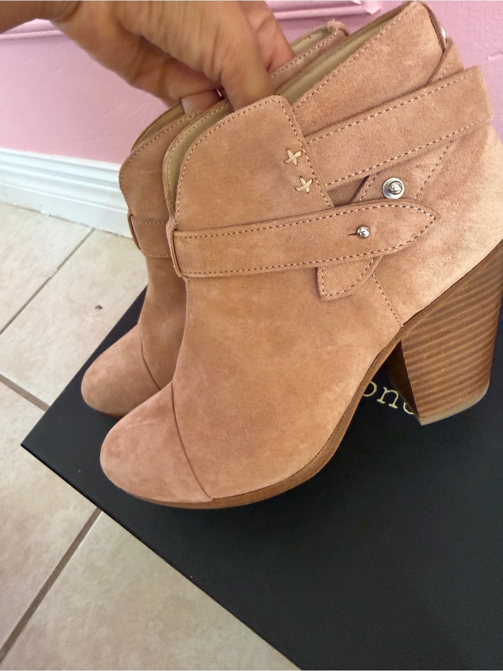 rag & bone Blush Suede Ankle Booties with Stacked Heel